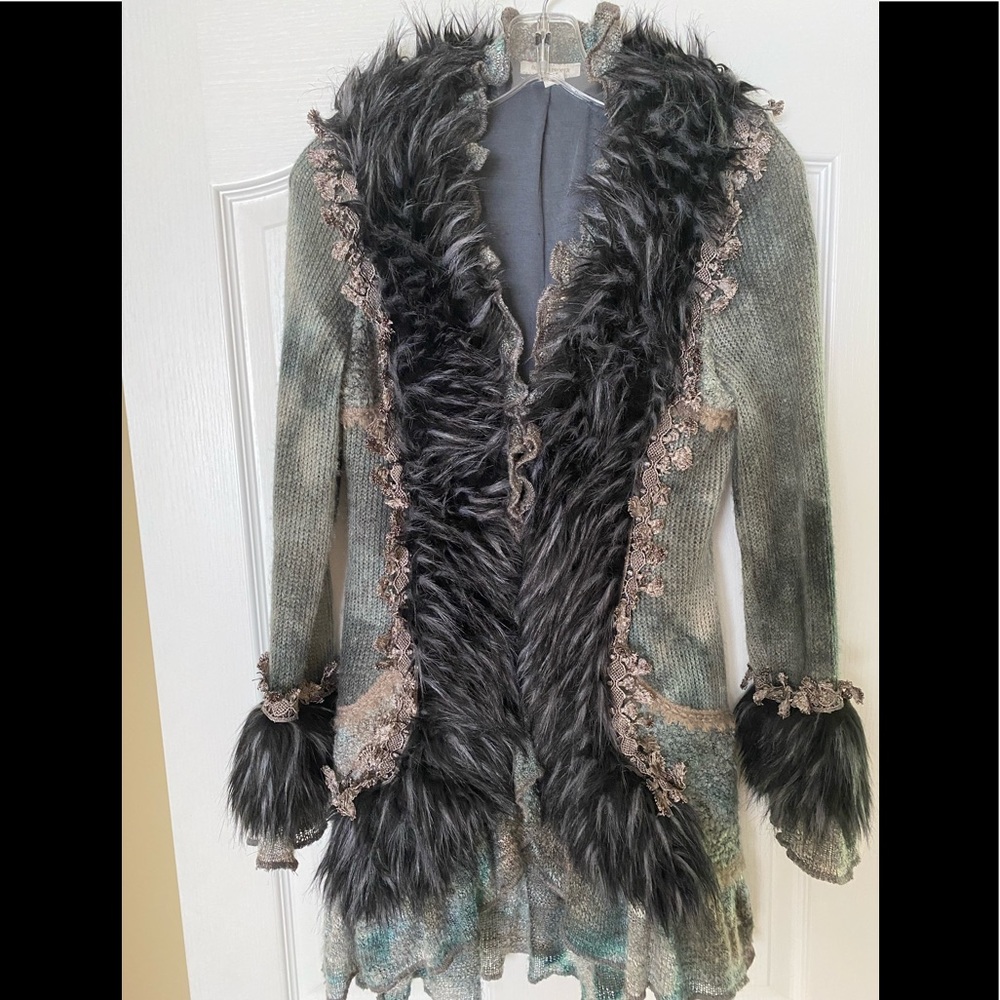 Boston proper gray faux fur lace cardigan sweater